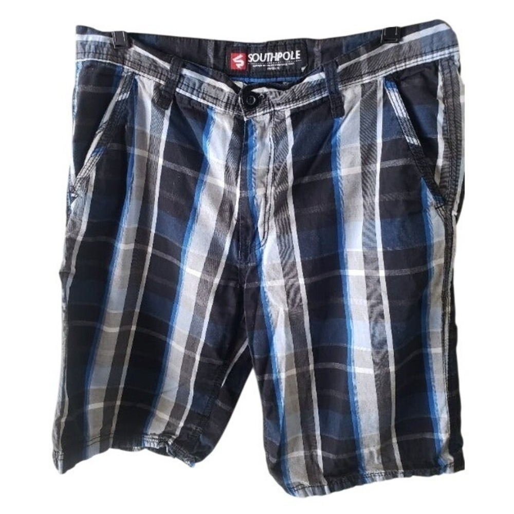 VTG Southpole Mens Plaid Shorts Blue Black White Streetwear Skater Size 32